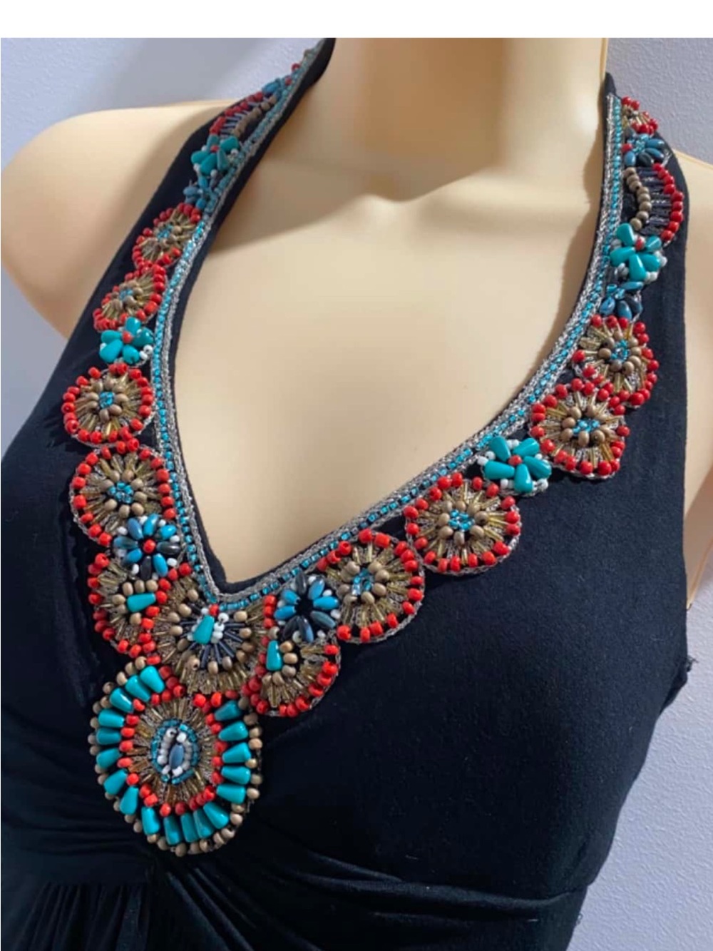 Cache Black Maxi Dress with Turquoise and Red Beaded Neckline